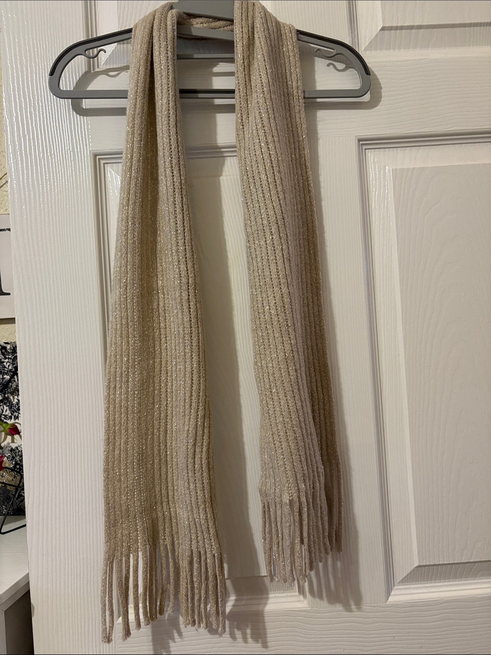New York & Company Cream Ribbed Fringe Scarf